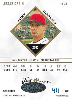 2003-04 Just Rookies - Gold #13 Jesse Crain Back