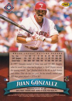1998 Finest #260 Juan Gonzalez Back