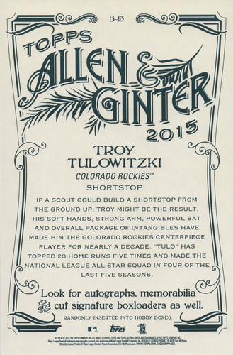 2015 Topps Allen & Ginter - Box Loaders #B-13 Troy Tulowitzki Back