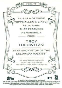 2015 Topps Allen & Ginter - Full Size Relic #FSRA-TT Troy Tulowitzki Back