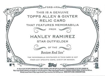 2015 Topps Allen & Ginter - Full Size Relic #FSRB-HRA Hanley Ramirez Back