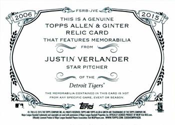 2015 Topps Allen & Ginter - Full Size Relic #FSRB-JVE Justin Verlander Back