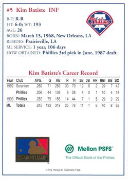 1994 Mellon Bank Philadelphia Phillies #NNO Kim Batiste Back