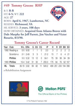 1994 Mellon Bank Philadelphia Phillies #NNO Tommy Greene Back