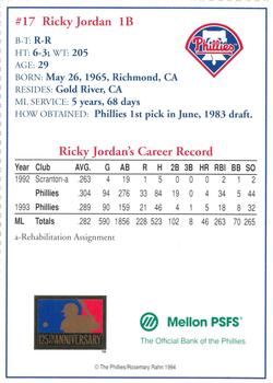 1994 Mellon Bank Philadelphia Phillies #NNO Ricky Jordan Back