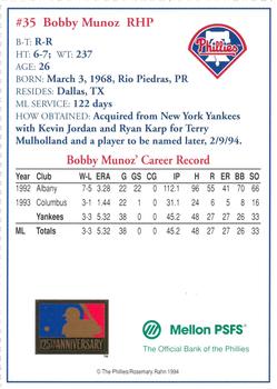 1994 Mellon Bank Philadelphia Phillies #NNO Bobby Munoz Back