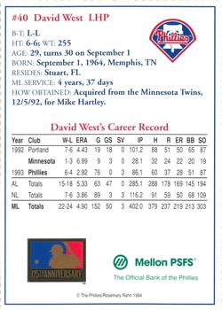 1994 Mellon Bank Philadelphia Phillies #NNO David West Back