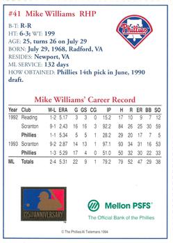 1994 Mellon Bank Philadelphia Phillies #NNO Mike Williams Back