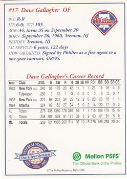 1995 Mellon Bank Philadelphia Phillies #NNO Dave Gallagher Back