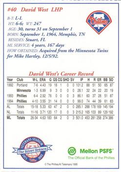 1995 Mellon Bank Philadelphia Phillies #NNO David West Back