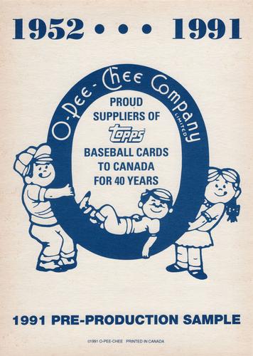 1991 O-Pee-Chee - Pre-Production Sample Sheets #NNO Bill Bathe / Jeff Blauser / Jose Canseco AS / Wes Chamberlain / Norm Charlton / Mike Dunne / Craig Grebeck / Carmelo Martinez / Mike Scioscia AS Back