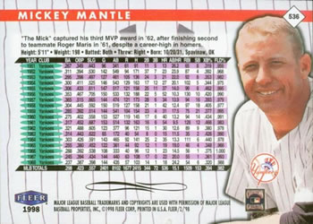 1998 Fleer Tradition #536 Mickey Mantle Back