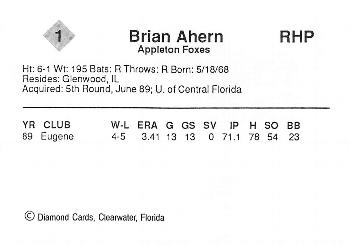 1990 Diamond Cards Appleton Foxes #1 Brian Ahern Back