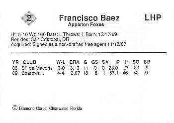 1990 Diamond Cards Appleton Foxes #2 Francisco Baez Back