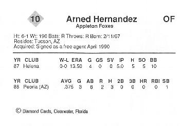 1990 Diamond Cards Appleton Foxes #10 Arned Hernandez Back