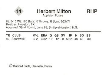 1990 Diamond Cards Appleton Foxes #14 Herbert Milton Back