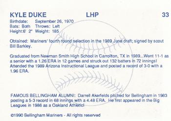 1990 Bellingham Mariners #33 Kyle Duke Back