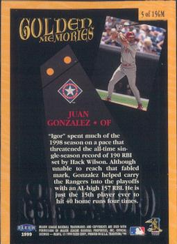 1999 Fleer Tradition - Golden Memories #5GM Juan Gonzalez  Back