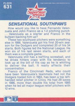1987 Fleer #631 Sensational Southpaws (Fernando Valenzuela / John Franco) Back