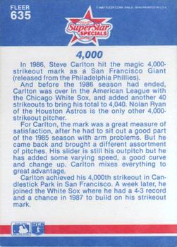 1987 Fleer #635 4,000 Strikeouts (Steve Carlton) Back