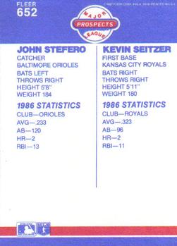 1987 Fleer #652 John Stefero / Kevin Seitzer Back