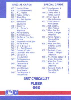 1987 Fleer #660 Checklist: Mariners / Pirates / Special Cards Back