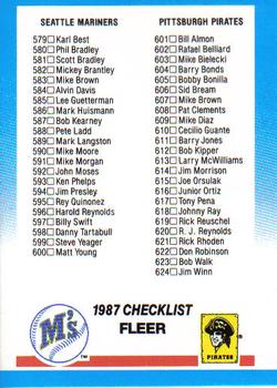 1987 Fleer #660 Checklist: Mariners / Pirates / Special Cards Front