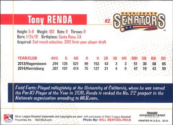 2015 Grandstand Harrisburg Senators #NNO Tony Renda Back