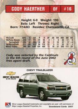 2007 Grandstand Springfield Cardinals Chevy SGA #NNO Cody Haerther Back