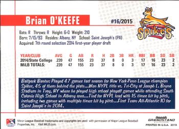2015 Grandstand State College Spikes #NNO Brian O'Keefe Back