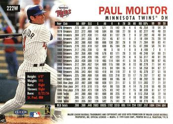 1999 Fleer Tradition - Warning Track Collection #222W Paul Molitor Back