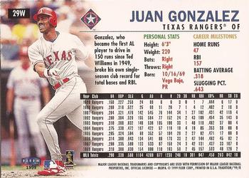 1999 Fleer Tradition - Warning Track Collection #29W Juan Gonzalez Back