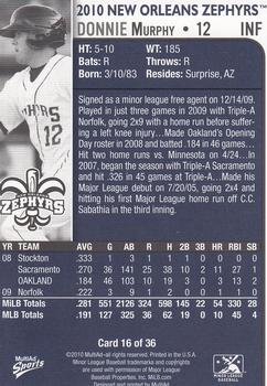 2010 MultiAd New Orleans Zephyrs #16 Donnie Murphy Back