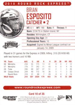 2010 MultiAd Round Rock Express SGA #10 Brian Esposito Back