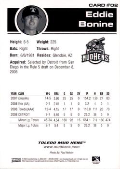 2009 Choice Toledo Mud Hens #02 Eddie Bonine Back