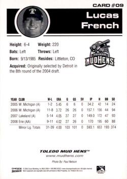2009 Choice Toledo Mud Hens #09 Lucas French Back