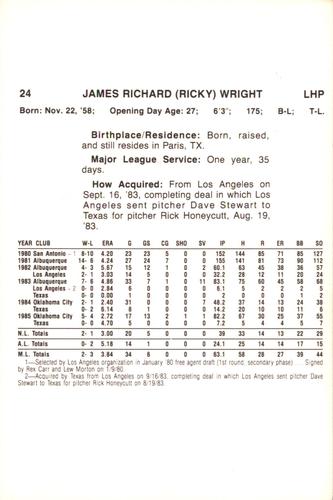 1986 Miller Lite Texas Rangers #NNO Ricky Wright Back