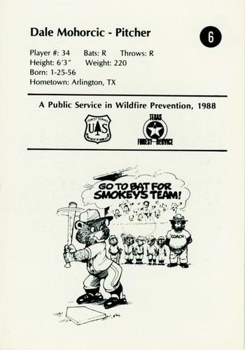 1988 Texas Rangers Smokey #6 Dale Mohorcic Back