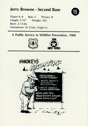 1988 Texas Rangers Smokey #15 Jerry Browne Back