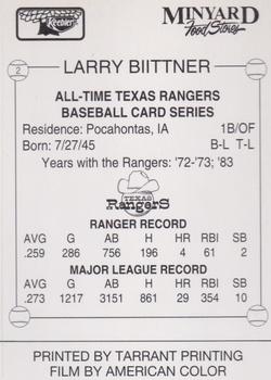 1993 Keebler Texas Rangers #2 Larry Biittner Back