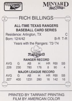 1993 Keebler Texas Rangers #3 Rich Billings Back