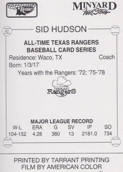 1993 Keebler Texas Rangers #42 Sid Hudson Back