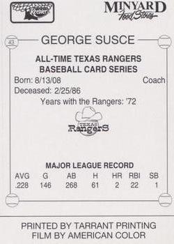 1993 Keebler Texas Rangers #43 George Susce Back