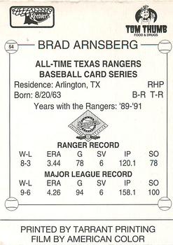 1993 Keebler Texas Rangers #54 Brad Arnsberg Back