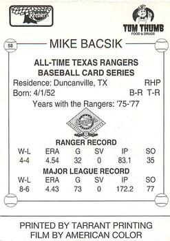 1993 Keebler Texas Rangers #58 Mike Bacsik Back