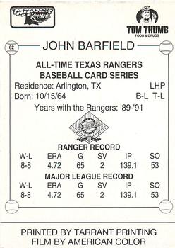1993 Keebler Texas Rangers #62 John Barfield Back