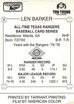 1993 Keebler Texas Rangers #63 Len Barker Back