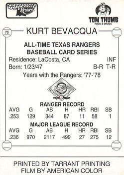 1993 Keebler Texas Rangers #70 Kurt Bevacqua Back