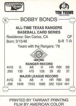 1993 Keebler Texas Rangers #78 Bobby Bonds Back