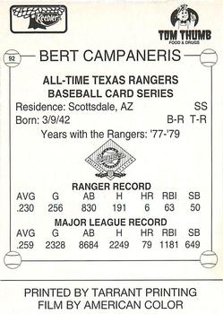 1993 Keebler Texas Rangers #92 Bert Campaneris Back
